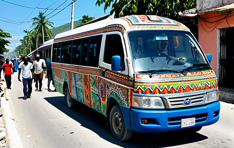 A vibrant Tap-Tap minibus, richly decorated with colorful patterns and local art, driving through a bustling street in Port-au-Prince, Haiti, under a clear daylight sky. Inside, several local Haitian men and women are visible, fully clothed in modest, everyday attire, engaged in calm conversation, showcasing the cultural immersion of Haitian public transport. The street is lively with other vehicles and fully clothed pedestrians. safe for work, appropriate content, fully clothed, family-friendly, perfect anatomy, correct proportions, natural pose, well-formed hands, proper finger count, natural body proportions, professional photography, high quality.