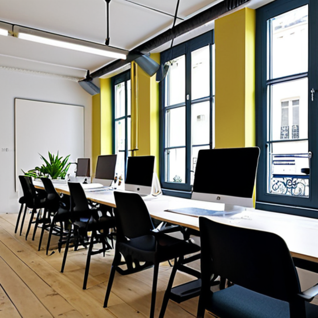 Modern Co-Working Space in Paris**

"A bright and airy co-working space in Le Marais, Paris. Several fully clothed professionals are working on laptops at sleek desks, with large windows overlooking a Parisian street. The decor includes modern art and plants. The space features a cafe area with people networking. Focus on natural light and a vibrant, collaborative atmosphere. Safe for work, appropriate content, fully clothed, professional setting, perfect anatomy, correct proportions, natural pose, high-quality rendering, family-friendly."

**