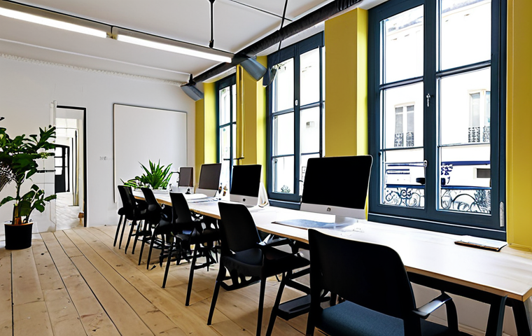 Modern Co-Working Space in Paris**

"A bright and airy co-working space in Le Marais, Paris. Several fully clothed professionals are working on laptops at sleek desks, with large windows overlooking a Parisian street. The decor includes modern art and plants. The space features a cafe area with people networking. Focus on natural light and a vibrant, collaborative atmosphere. Safe for work, appropriate content, fully clothed, professional setting, perfect anatomy, correct proportions, natural pose, high-quality rendering, family-friendly."

**