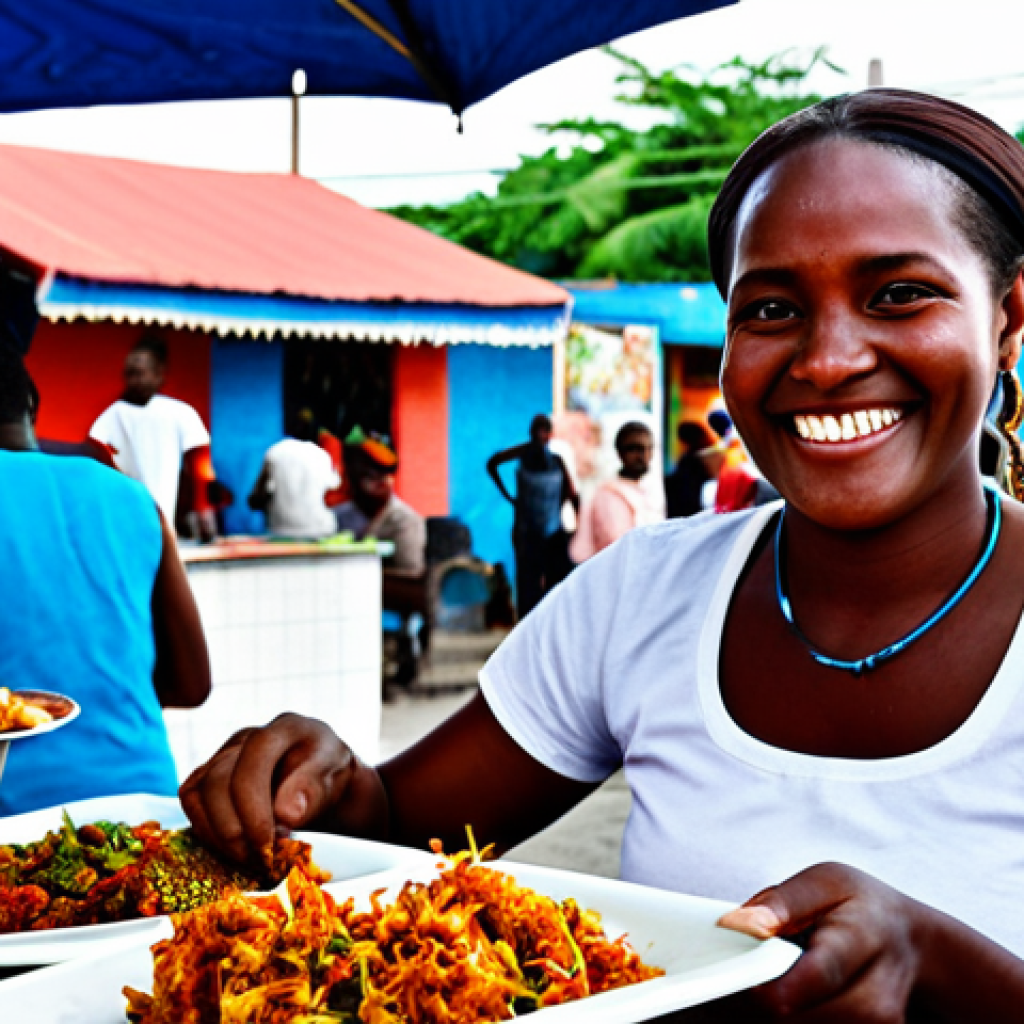 Griot and Pikliz Vendor**

"A street food vendor in Haiti, smiling and serving a plate of Griot (fried pork) with Pikliz (spicy slaw). The vendor is fully clothed in modest clothing. The setting is a bustling Haitian street market with colorful stalls and people in the background. Focus on the delicious-looking food and the friendly vendor. Safe for work, appropriate content, professional, perfect anatomy, natural proportions, well-formed hands, proper finger count, high quality."

**