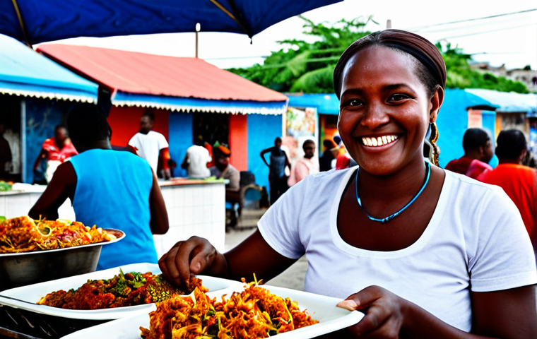 Griot and Pikliz Vendor**

"A street food vendor in Haiti, smiling and serving a plate of Griot (fried pork) with Pikliz (spicy slaw). The vendor is fully clothed in modest clothing. The setting is a bustling Haitian street market with colorful stalls and people in the background. Focus on the delicious-looking food and the friendly vendor. Safe for work, appropriate content, professional, perfect anatomy, natural proportions, well-formed hands, proper finger count, high quality."

**