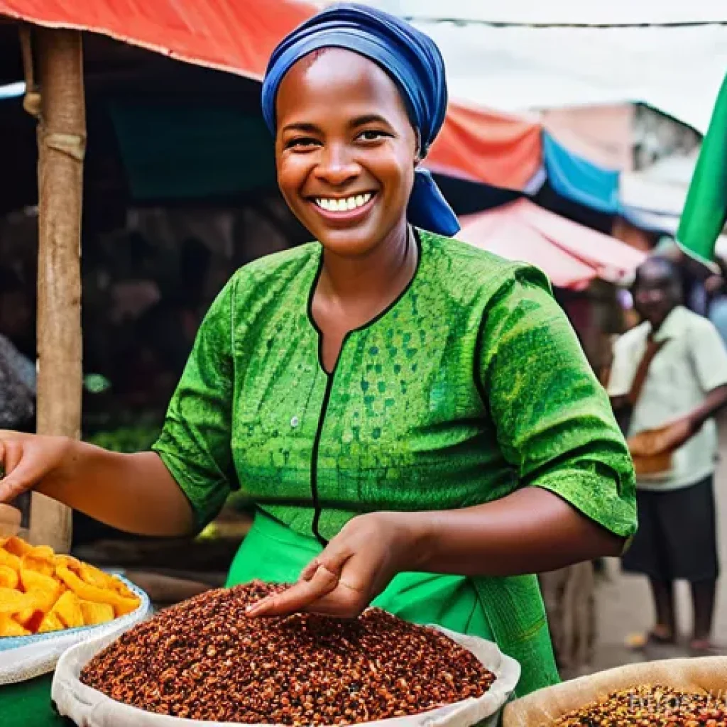 아이티와 카리브해 주변국과의 문화 차이 - **Haitian Market Gastronomy Scene:** A vibrant and bustling open-air Haitian market scene on a sunny...