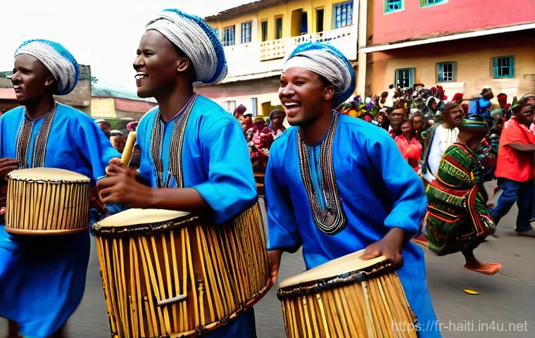 아이티와 카리브해 주변국과의 문화 차이 - **Haitian Market Gastronomy Scene:** A vibrant and bustling open-air Haitian market scene on a sunny...