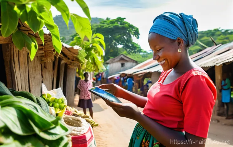 아이티에서 개발된 혁신 기술과 스타트업 사례 - **Prompt: "A vibrant scene in a Haitian village, depicting several individuals engaged with mobile F...