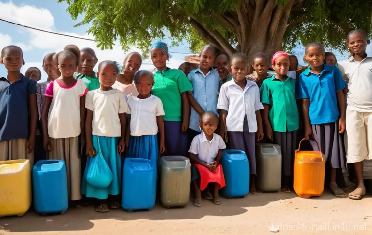 아이티의 사회적 문제와 이를 해결하기 위한 노력 - **Prompt:** A vibrant and bustling Haitian community square, bathed in warm, bright daylight. In the...
