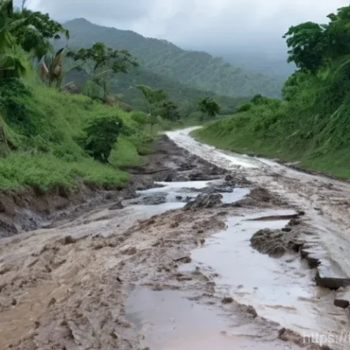 아이티 내륙 지역 여행 시 유의점 - **Challenging Rural Roads in Haiti:** A wide-angle, cinematic shot depicting a group of four diverse...