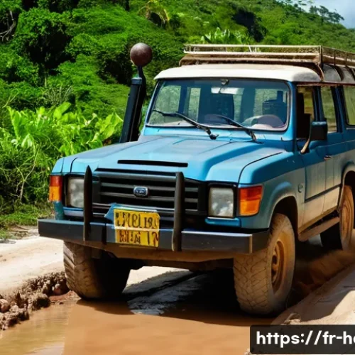 아이티에서 렌터카 이용 시 주의점 - A rugged 4x4 vehicle driving carefully on a rough, unpaved Haitian road filled with potholes and mud...