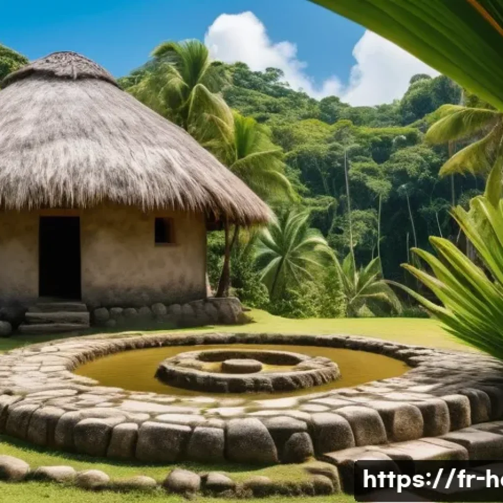 아이티의 주요 유적지 및 고대 문명 흔적 - A detailed scene of an ancient Taíno village in the Caribbean, showing circular stone house foundati...