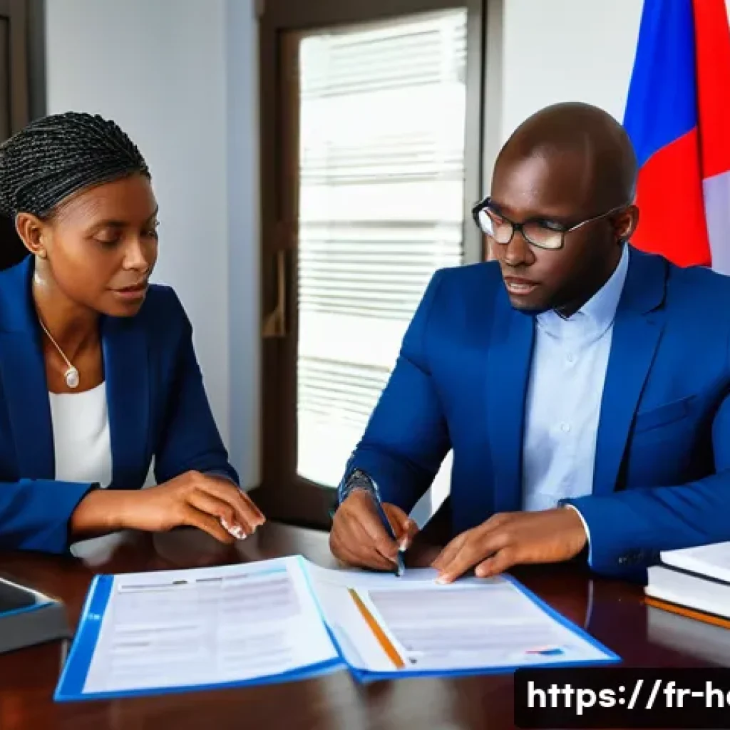 아이티에서 비즈니스 운영 시 법적 고려사항 - A professional Haitian entrepreneur in a modern office setting, reviewing official business registra...