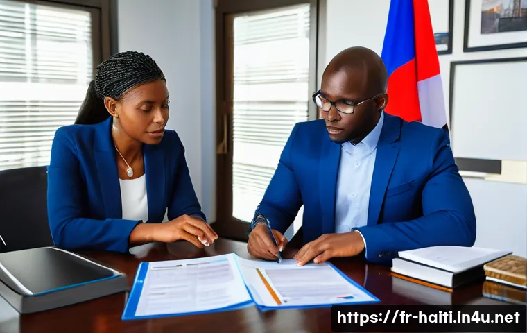 아이티에서 비즈니스 운영 시 법적 고려사항 - A professional Haitian entrepreneur in a modern office setting, reviewing official business registra...