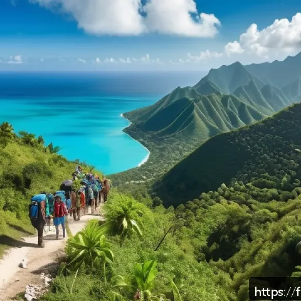 아이티에서 체험할 수 있는 어드벤처 스포츠 - A breathtaking mountain hiking scene in Haiti featuring a diverse tropical landscape with lush green...
