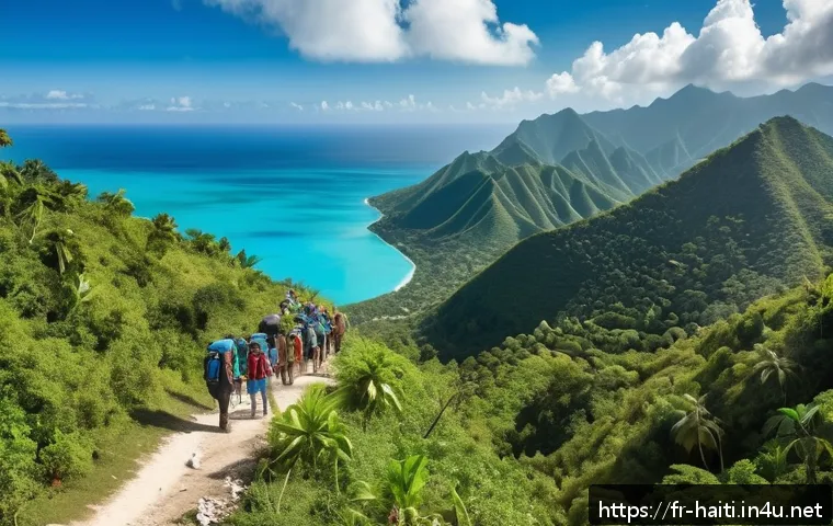 아이티에서 체험할 수 있는 어드벤처 스포츠 - A breathtaking mountain hiking scene in Haiti featuring a diverse tropical landscape with lush green...