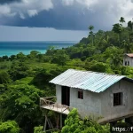 Home 22 아이티 자연재해 대비 방법 - A resilient coastal Haitian village scene showcasing sustainable construction: sturdy concrete-reinf...