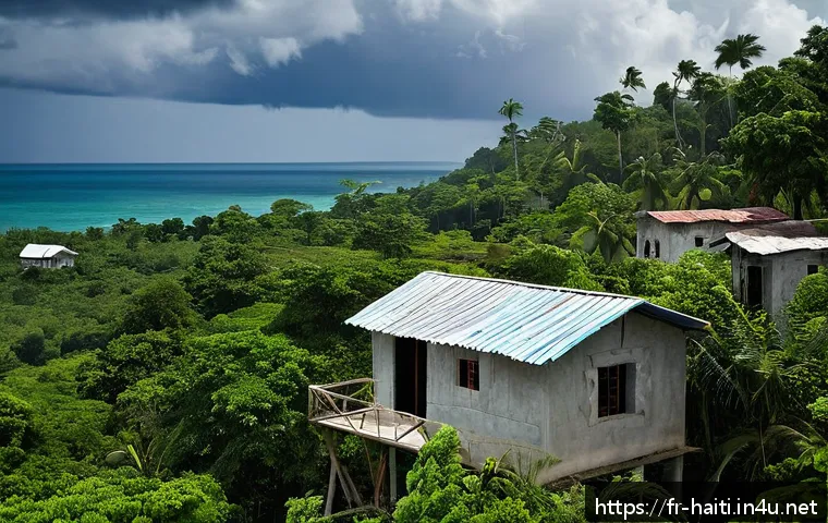 아이티 자연재해 대비 방법 - A resilient coastal Haitian village scene showcasing sustainable construction: sturdy concrete-reinf...