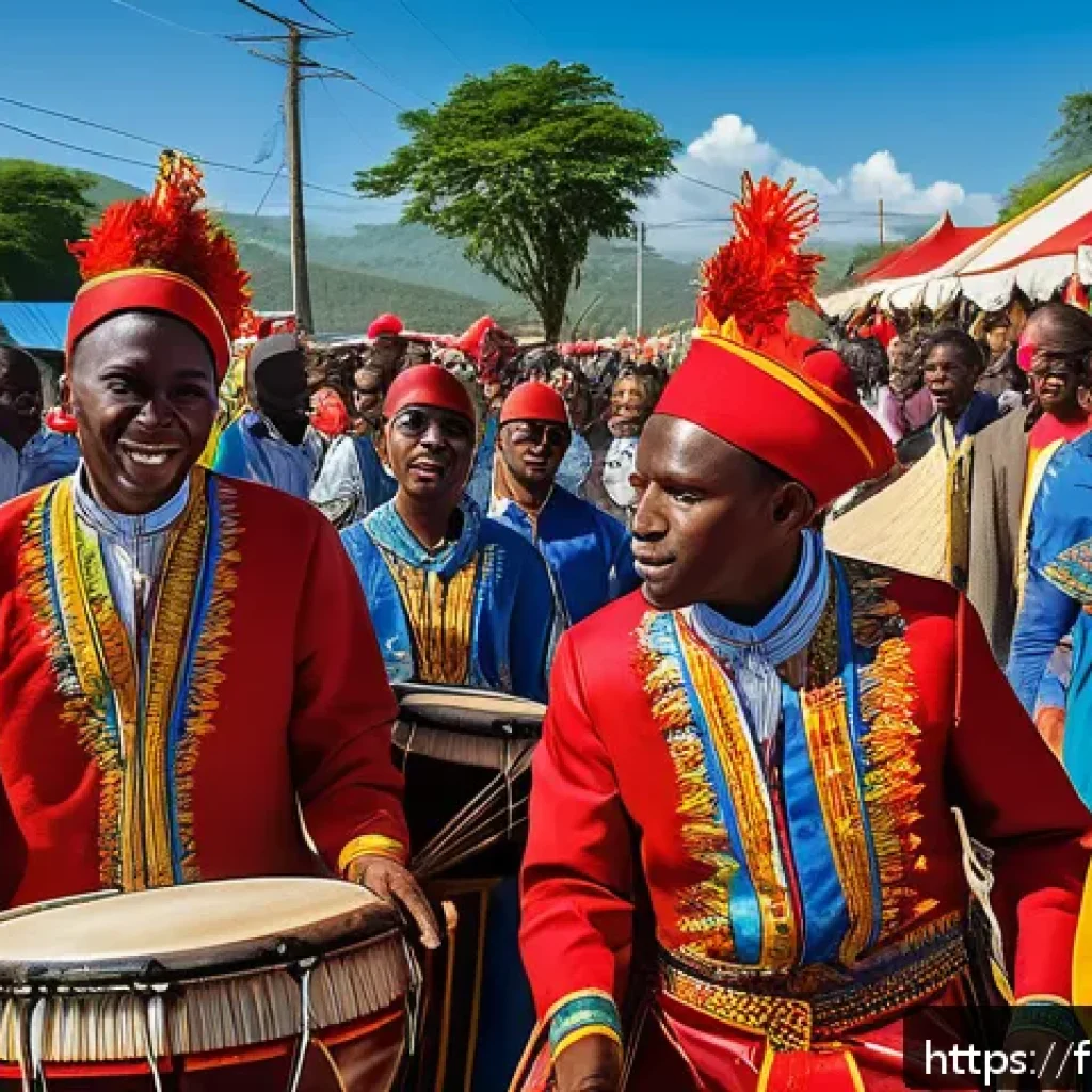 아이티의 주요 기념일과 공휴일 - A vibrant Haitian street festival scene during a Rara procession in the North region, featuring colo...