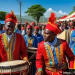 Home 21 아이티의 주요 기념일과 공휴일 - A vibrant Haitian street festival scene during a Rara procession in the North region, featuring colo...