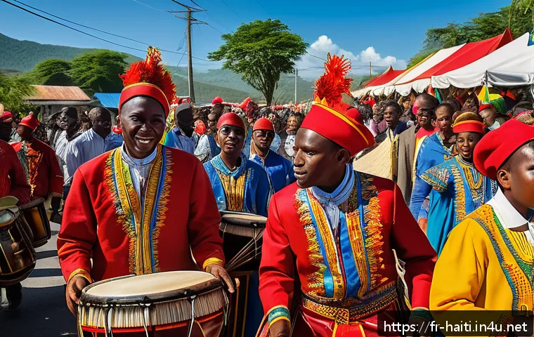 아이티의 주요 기념일과 공휴일 - A vibrant Haitian street festival scene during a Rara procession in the North region, featuring colo...
