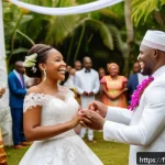 Home 20 아이티에서 연애와 결혼 문화 - A vibrant Haitian wedding ceremony scene outdoors, featuring a joyful couple dressed in elegant, cul...