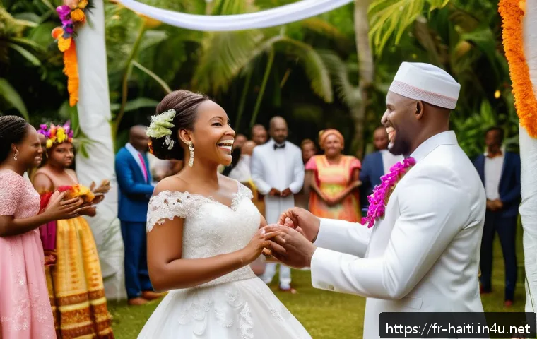 아이티에서 연애와 결혼 문화 - A vibrant Haitian wedding ceremony scene outdoors, featuring a joyful couple dressed in elegant, cul...