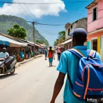 Home 19 아이티 방문 시 여행 보험 필요성 - A detailed scene of a traveler in Haiti navigating a bustling urban street with visible infrastructu...