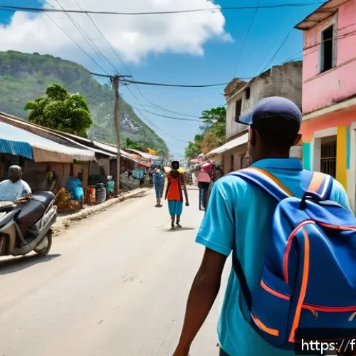 Home 31 아이티 방문 시 여행 보험 필요성 - A detailed scene of a traveler in Haiti navigating a bustling urban street with visible infrastructu...