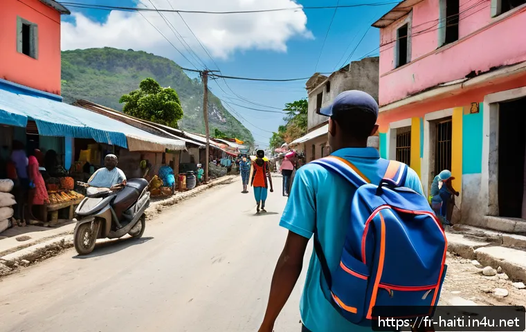 아이티 방문 시 여행 보험 필요성 - A detailed scene of a traveler in Haiti navigating a bustling urban street with visible infrastructu...