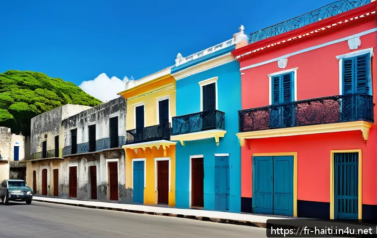 아이티 프랑스 식민지 시절 - A detailed scene of colonial architecture in Cap-Haïtien, featuring the robust stone walls and basti...