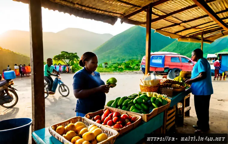 Home 17 아이티와 도미니카 공화국 관계 - Photorealistic wide-angle scene of a peaceful Haitian-Dominican border market at sunrise, Haitian an...