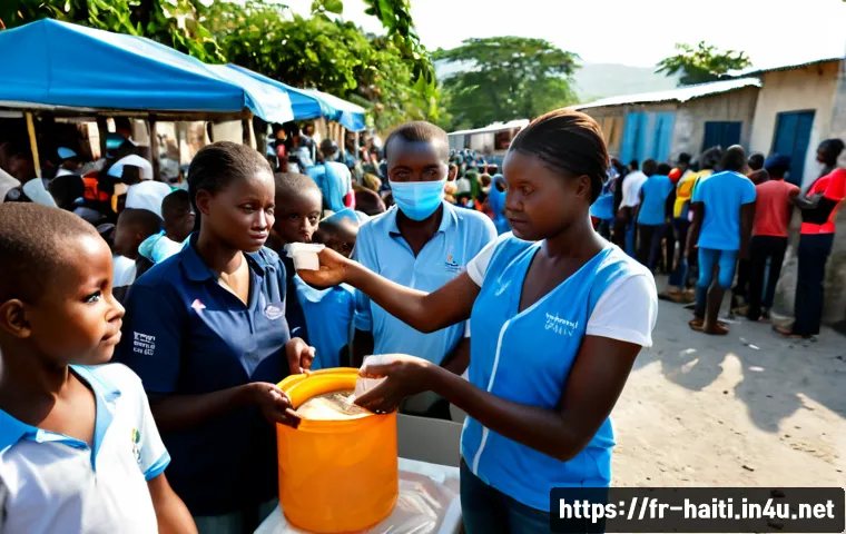 아이티 경제 위기와 국제 지원 - Photorealistic humanitarian aid distribution in Port-au-Prince, Haiti, French-speaking local aid wor...