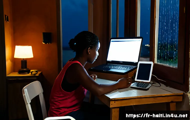 아이티에서 전기 및 인터넷 사용 환경 - Photorealistic evening interior of a modest apartment in Port-au-Prince, Haiti, a family using a lap...
